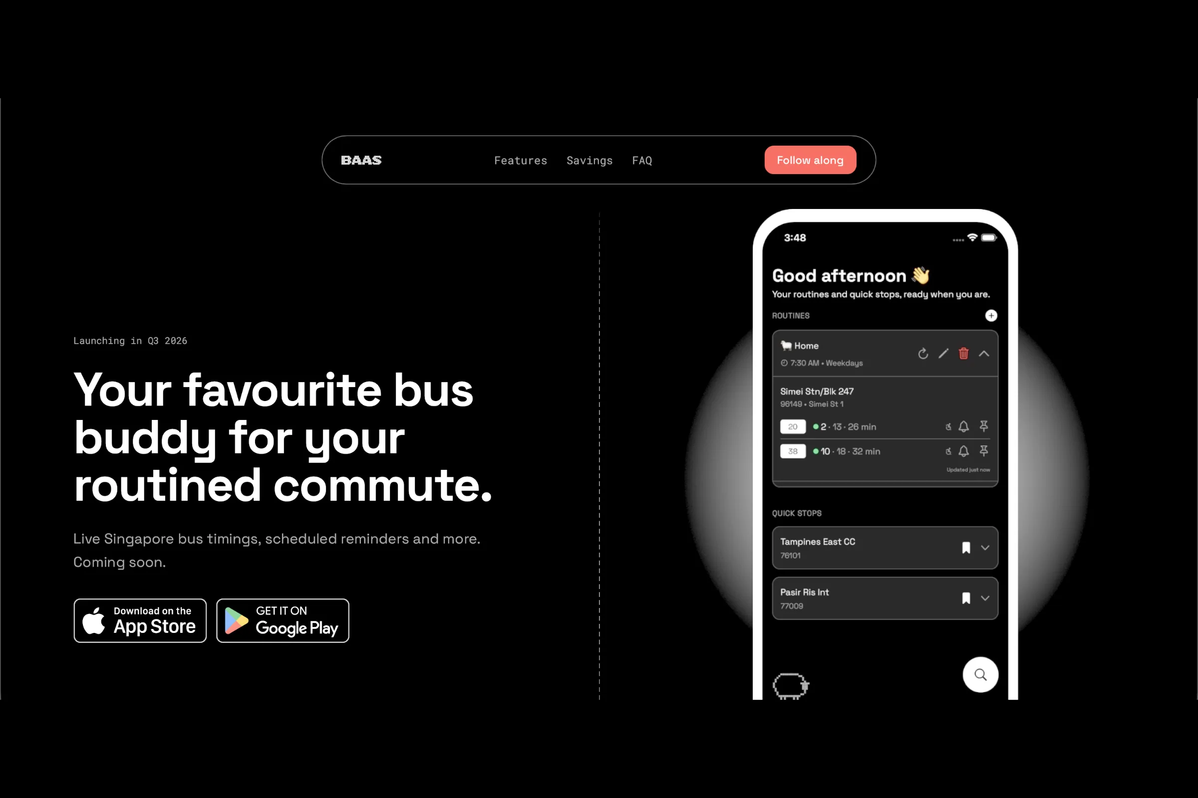 The BAAS landing page: the headline beside a phone showing a commuter's routines and live bus arrivals.