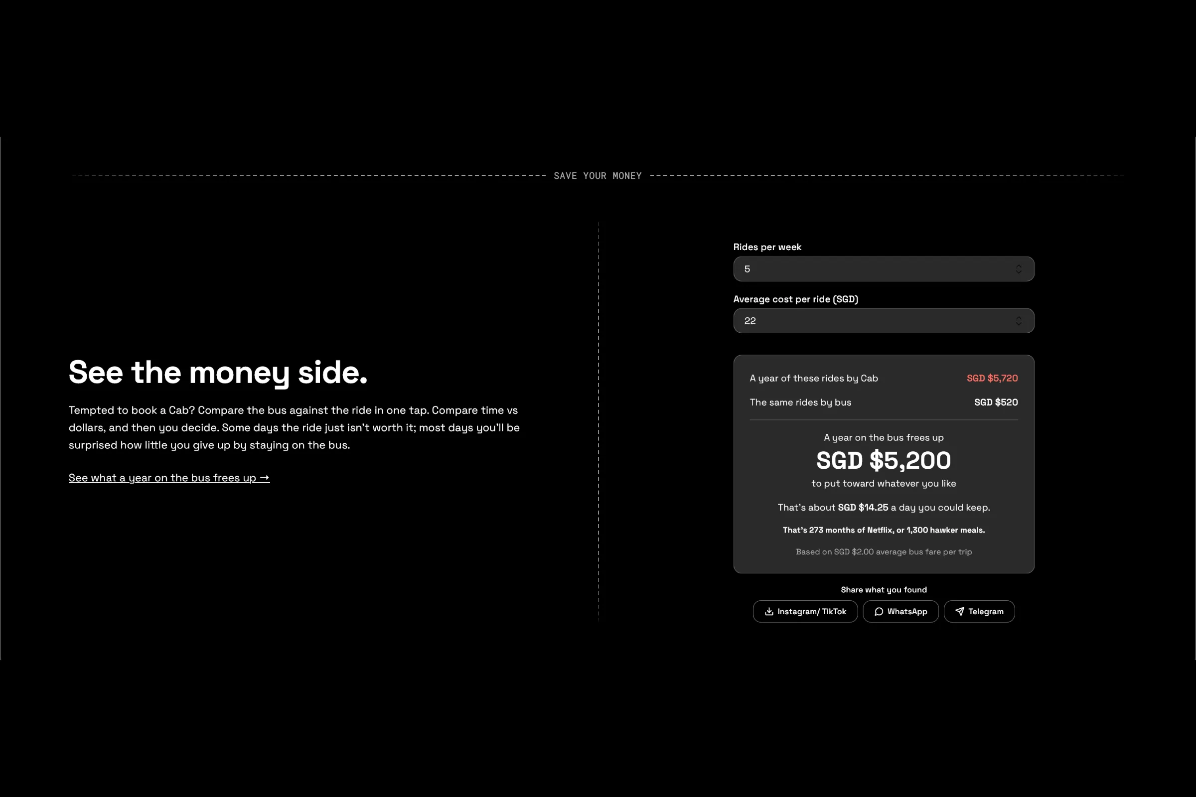 The BAAS savings calculator comparing a year of cab rides against the same trips by bus.