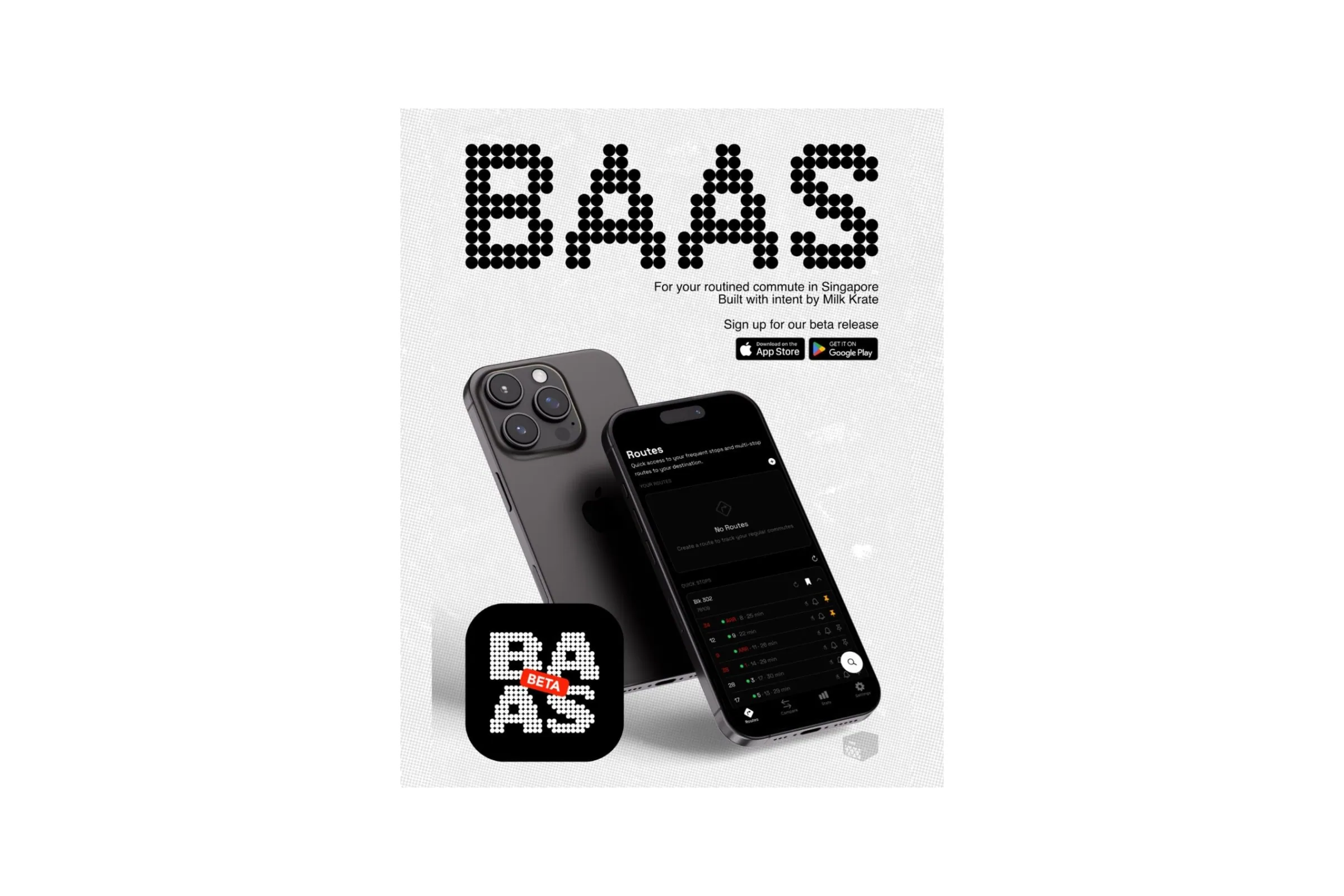 BAAS beta poster: two phones showing the Routes screen beside the app icon.