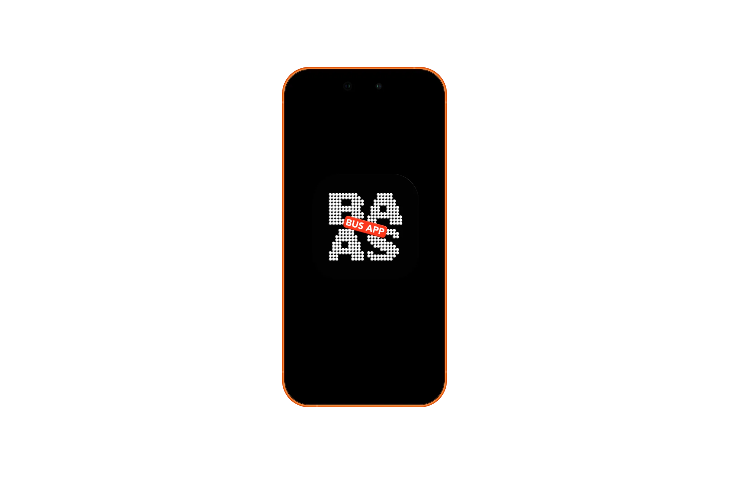 The BAAS app icon, a dot-matrix wordmark with a red Bus App sticker, on a phone with an orange frame.