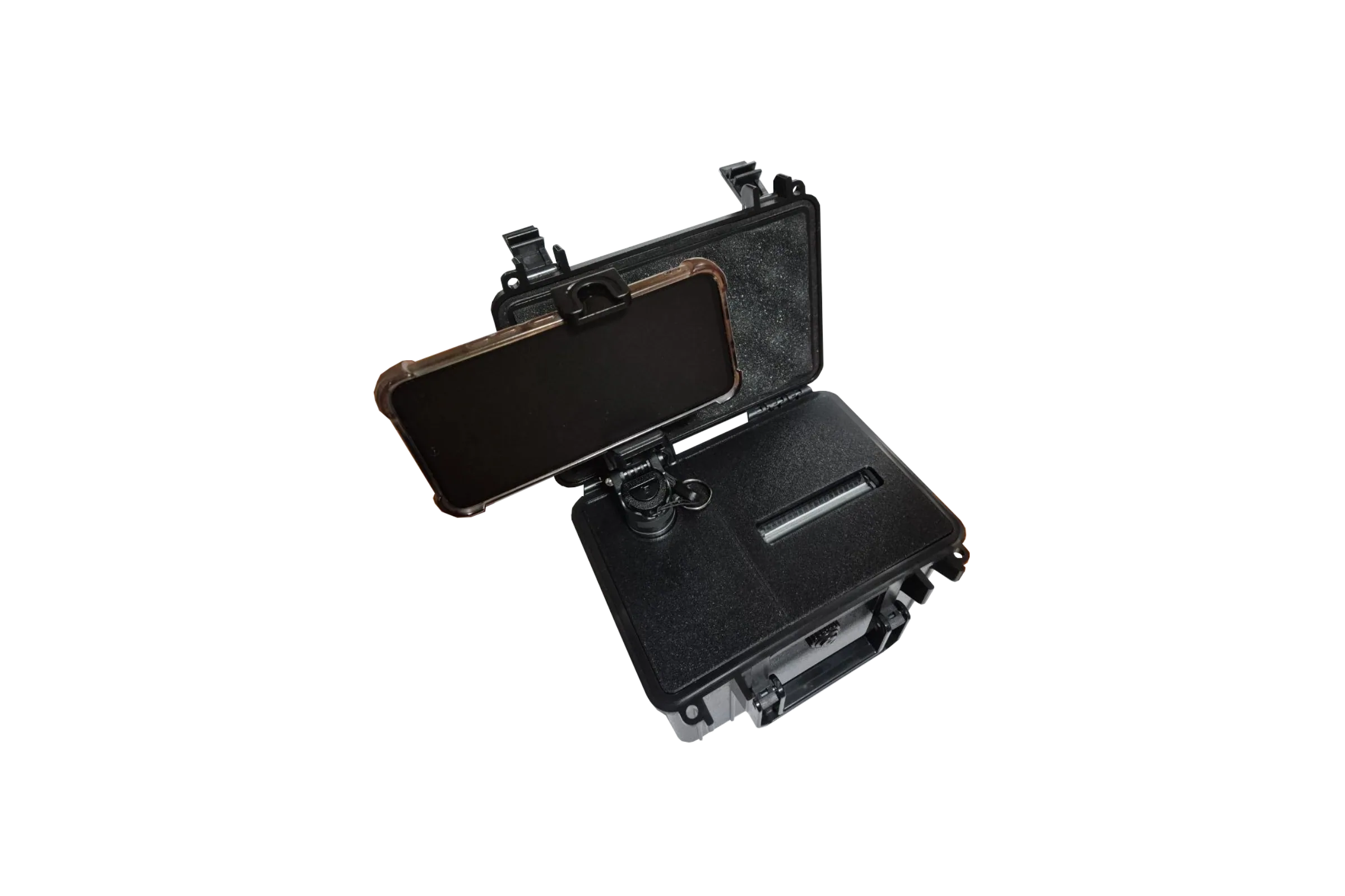 The Memory Vault photobooth opened up: a phone clamped in the lid and the thermal printer slot set into the base.