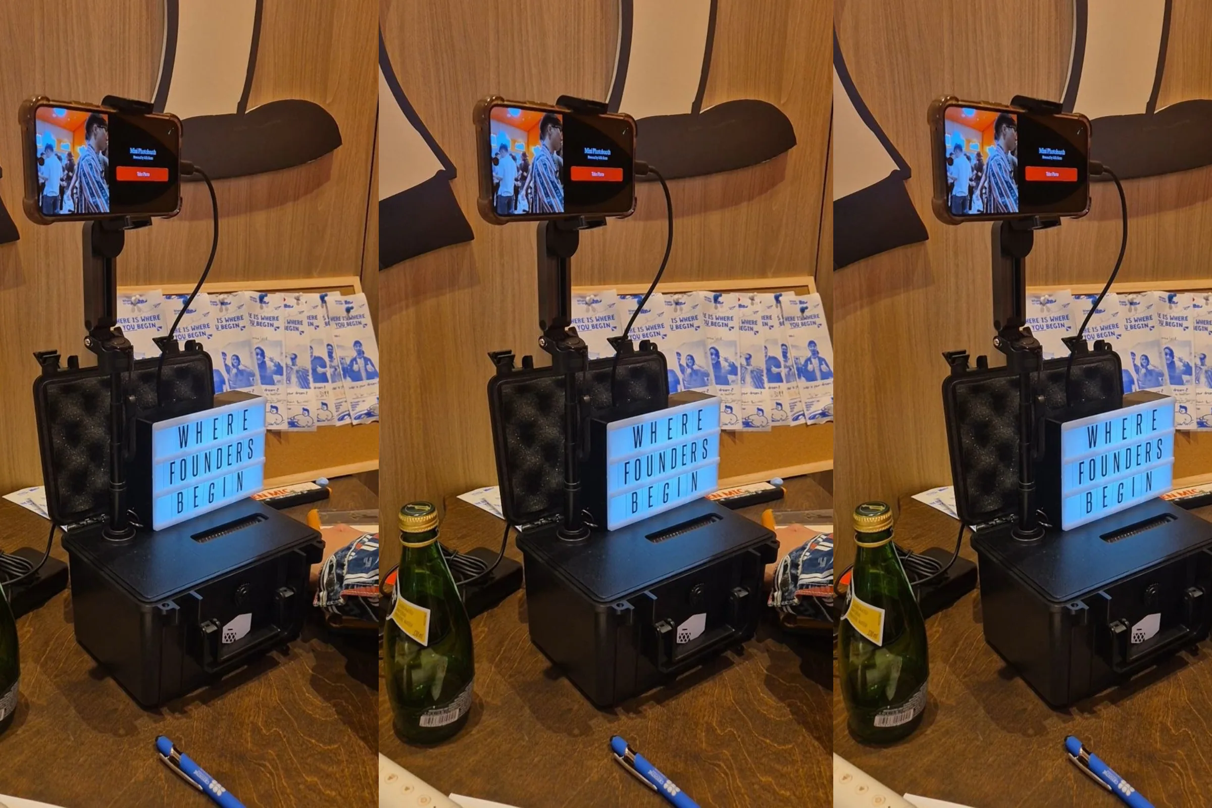 Three views of the rig: a phone on an arm above the printer case, with a lightbox sign beside it.