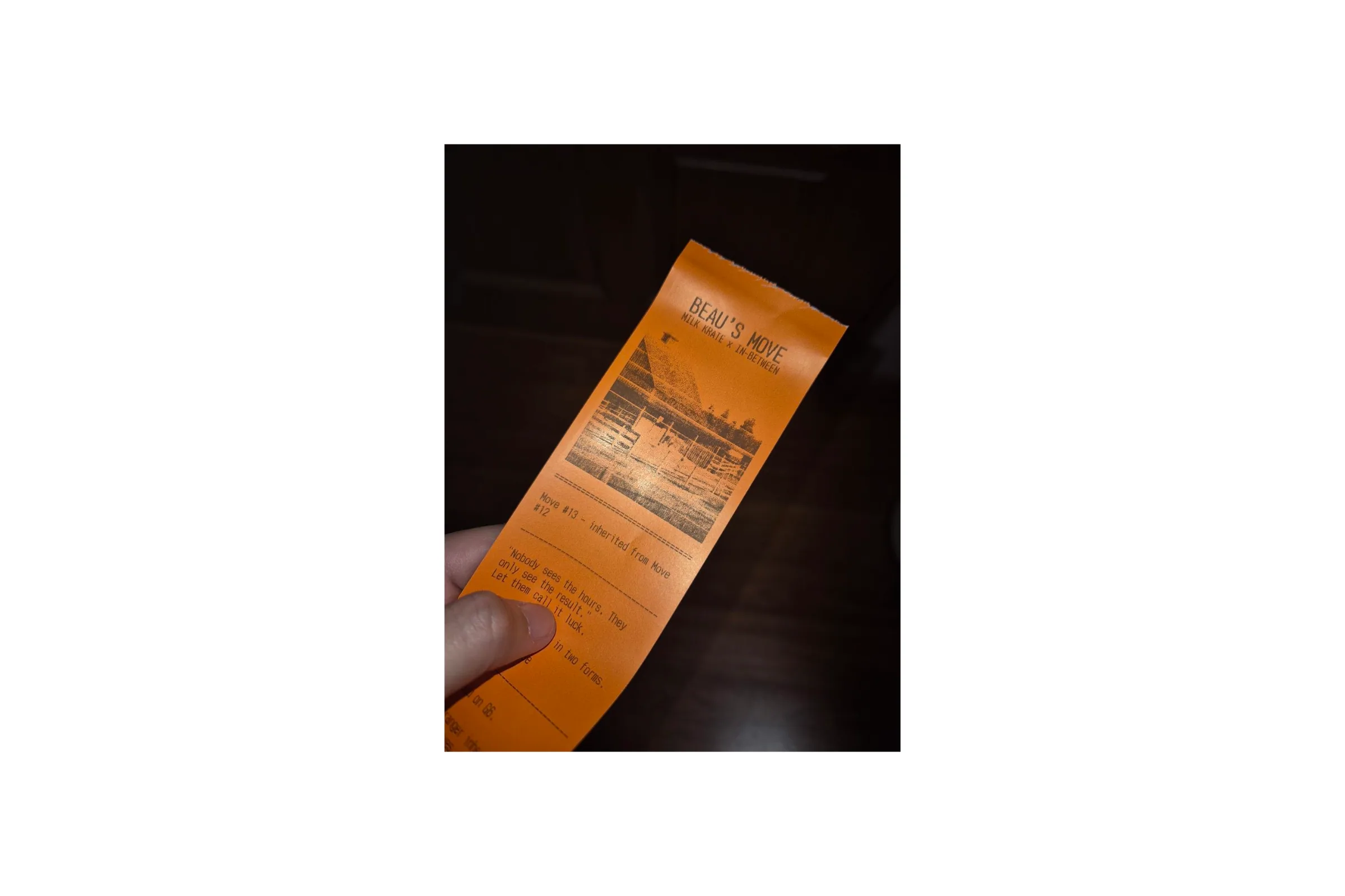 An orange Beau's Move receipt recording a move inherited from the visitor before.
