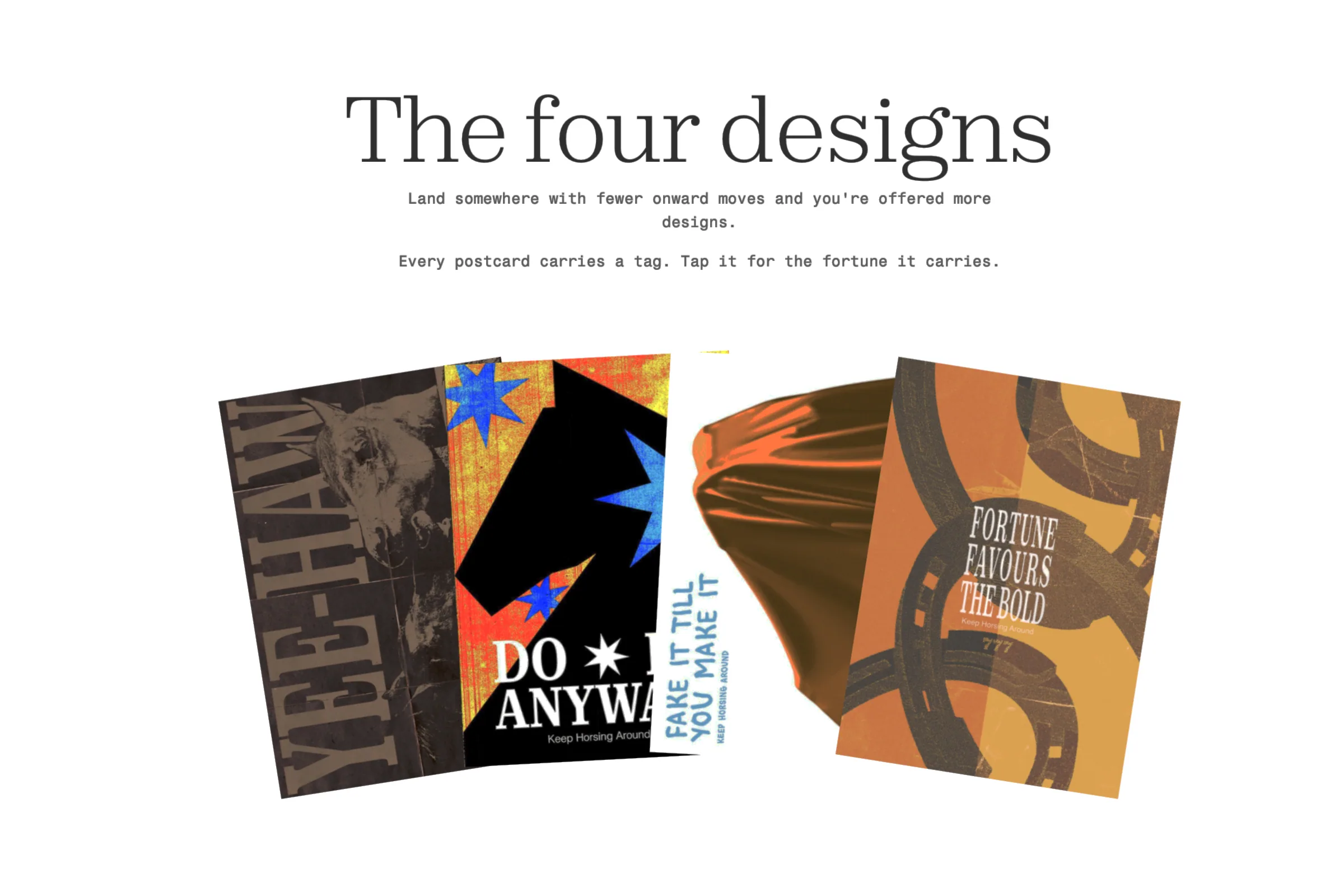 The four postcard designs a move could unlock, from the Orange Horse microsite.