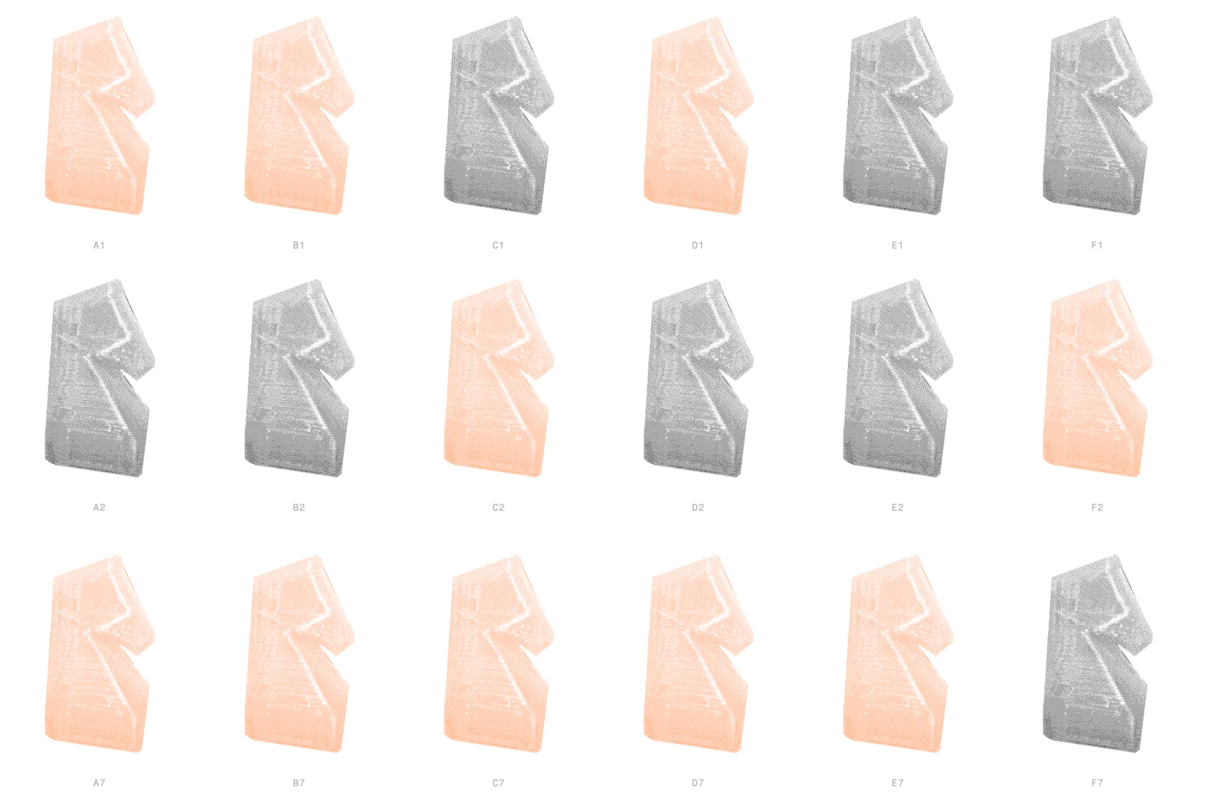 A grid of 3D-rendered horse pieces, one per chessboard square, labelled by position.