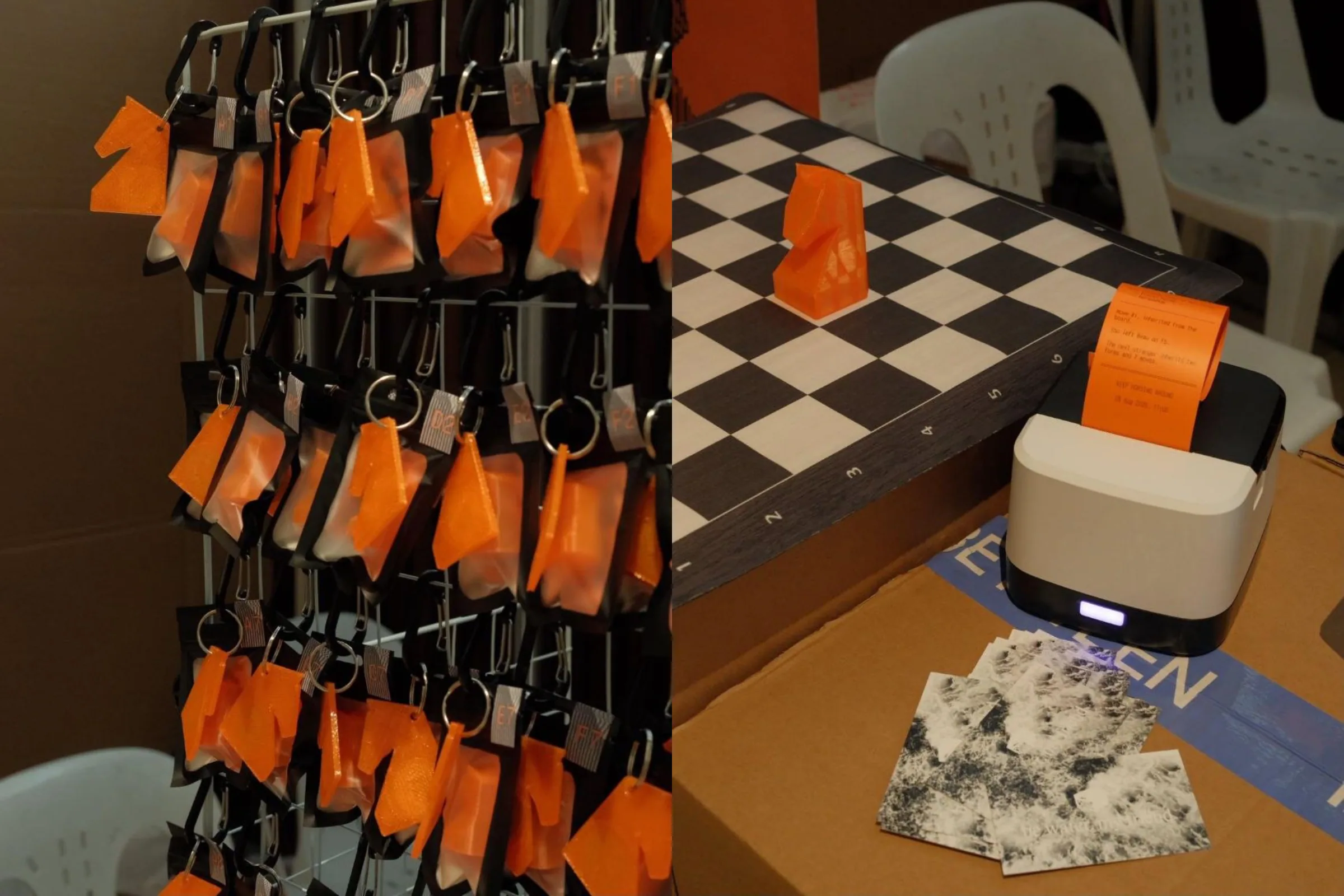 The Beau's Move booth: 3D-printed horse keychains on a rack, and the orange knight on the chessboard beside the receipt printer.